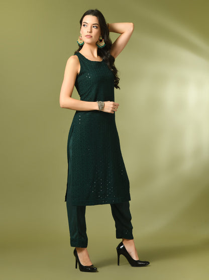 Women's  Green Embroidered Cotton Straight Party Kurta Sets