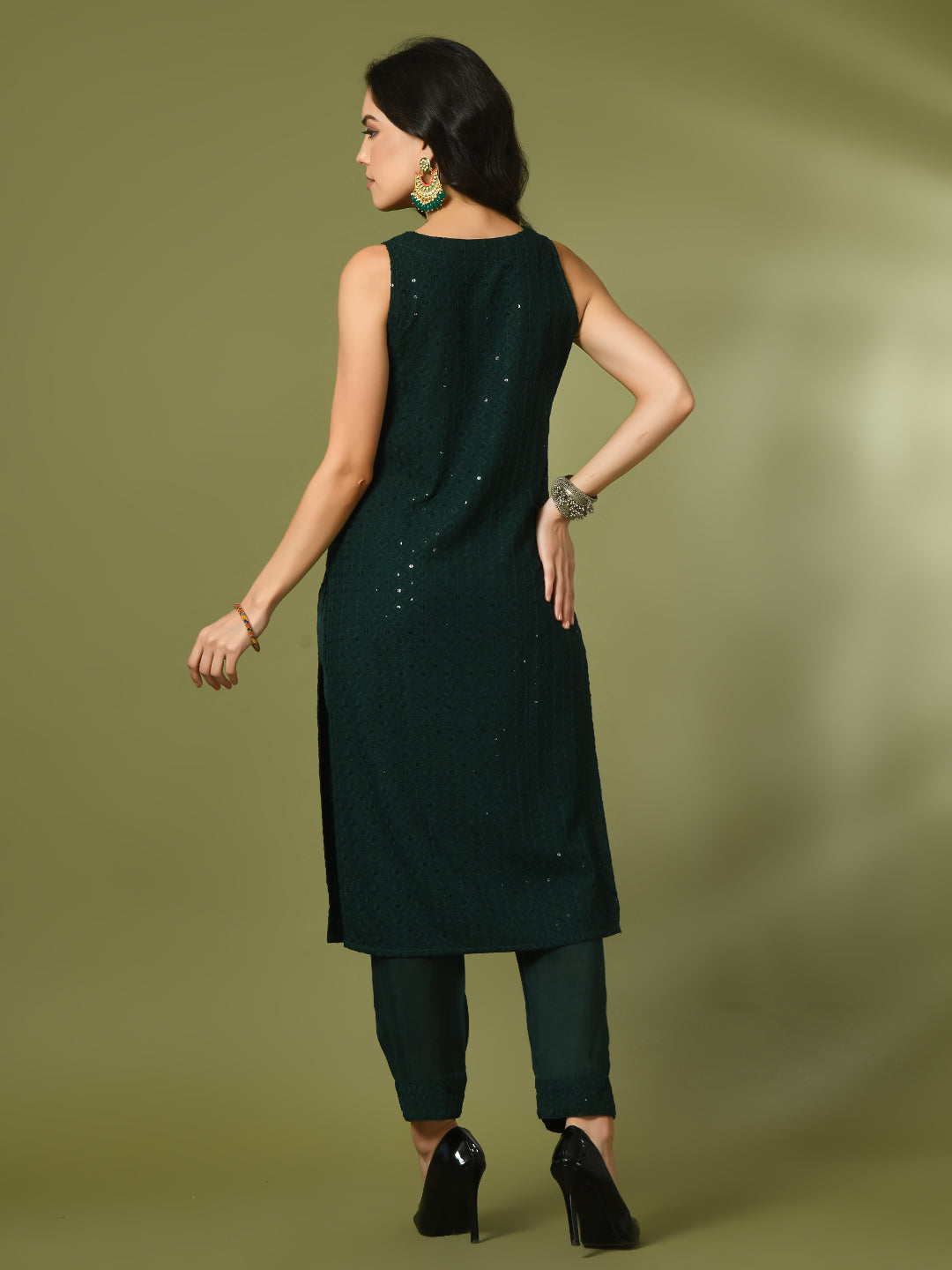 Women's  Green Embroidered Cotton Straight Party Kurta Sets