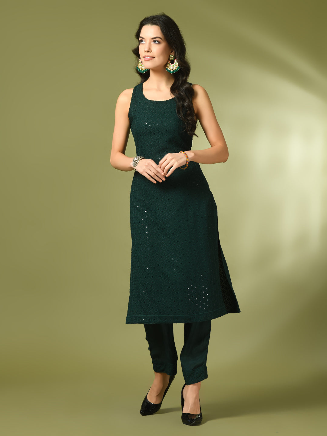 Women's  Green Embroidered Cotton Straight Party Kurta Sets