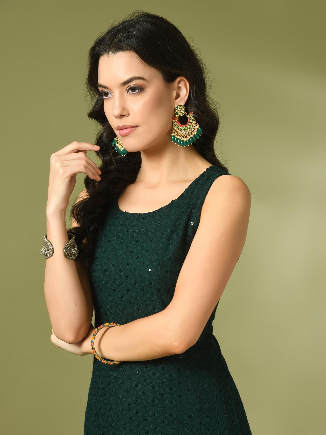 Women's  Green Embroidered Cotton Straight Party Kurta Sets