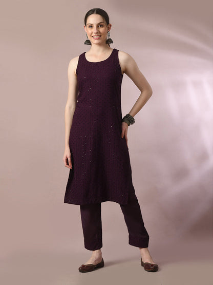 Women's  Magenta Embroidered Cotton Straight Party Kurta Sets