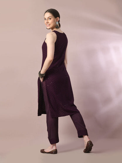 Women's  Magenta Embroidered Cotton Straight Party Kurta Sets