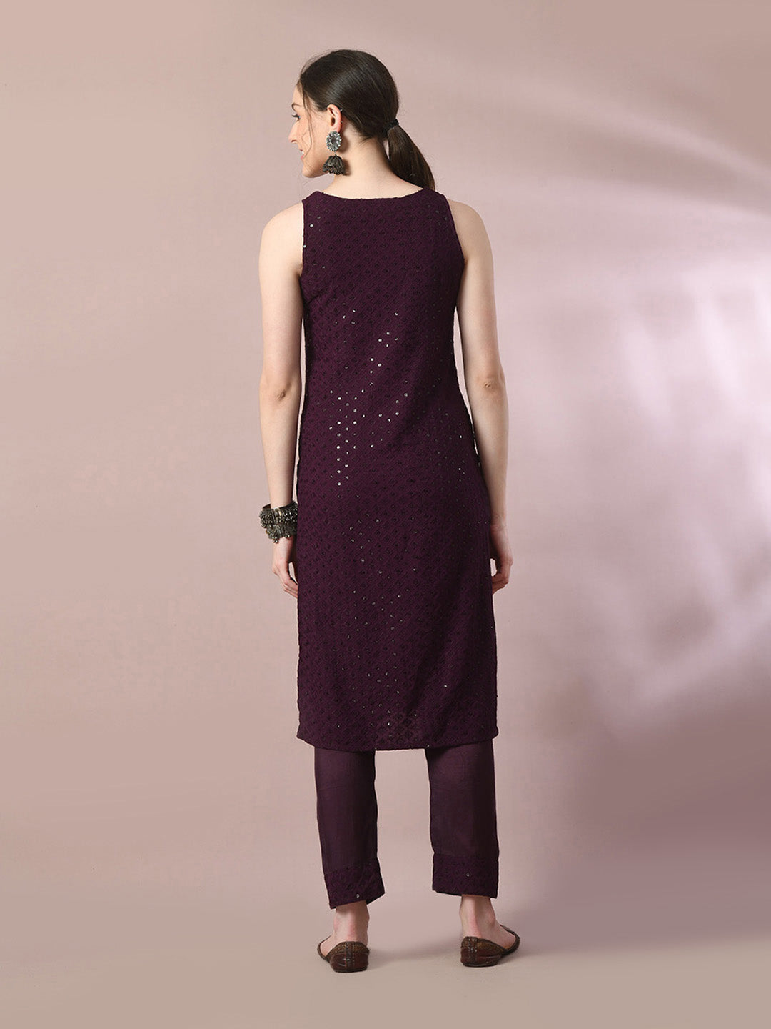 Women's  Magenta Embroidered Cotton Straight Party Kurta Sets