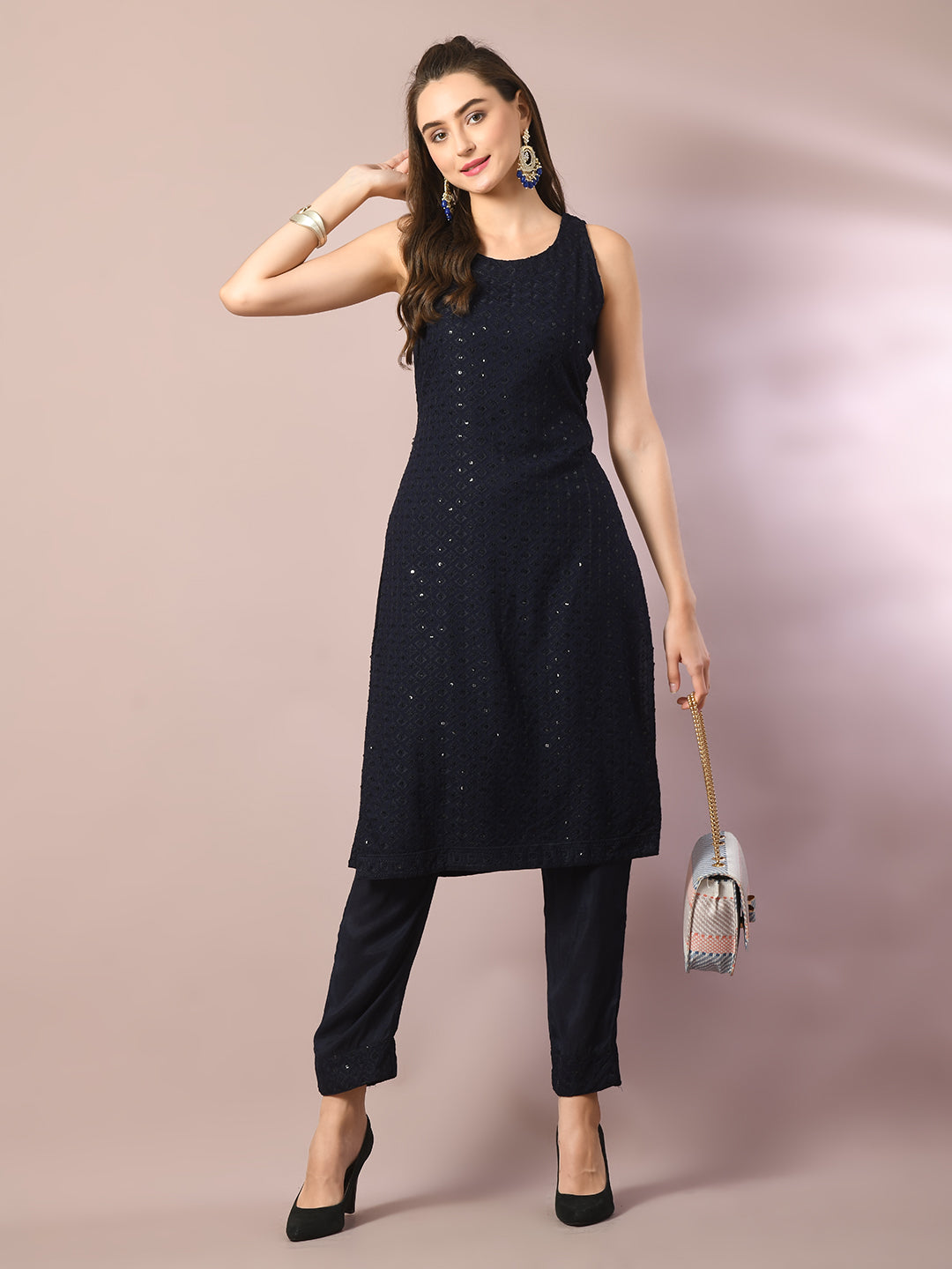 Women's  Navy Blue Embroidered Cotton Straight Party Kurta Sets