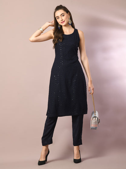 Women's  Navy Blue Embroidered Cotton Straight Party Kurta Sets