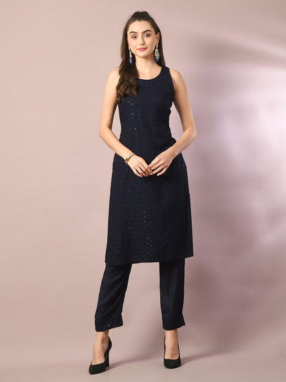 Women's  Navy Blue Embroidered Cotton Straight Party Kurta Sets