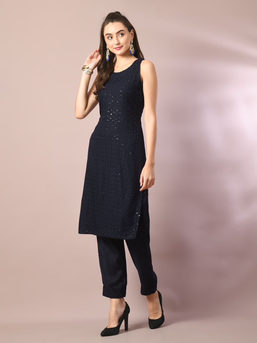 Women's  Navy Blue Embroidered Cotton Straight Party Kurta Sets
