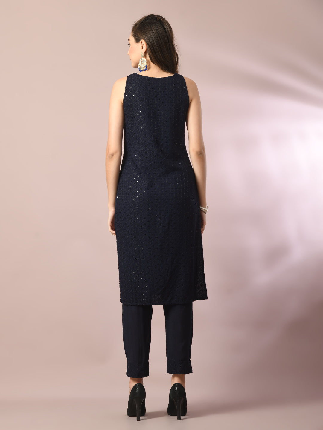 Women's  Navy Blue Embroidered Cotton Straight Party Kurta Sets