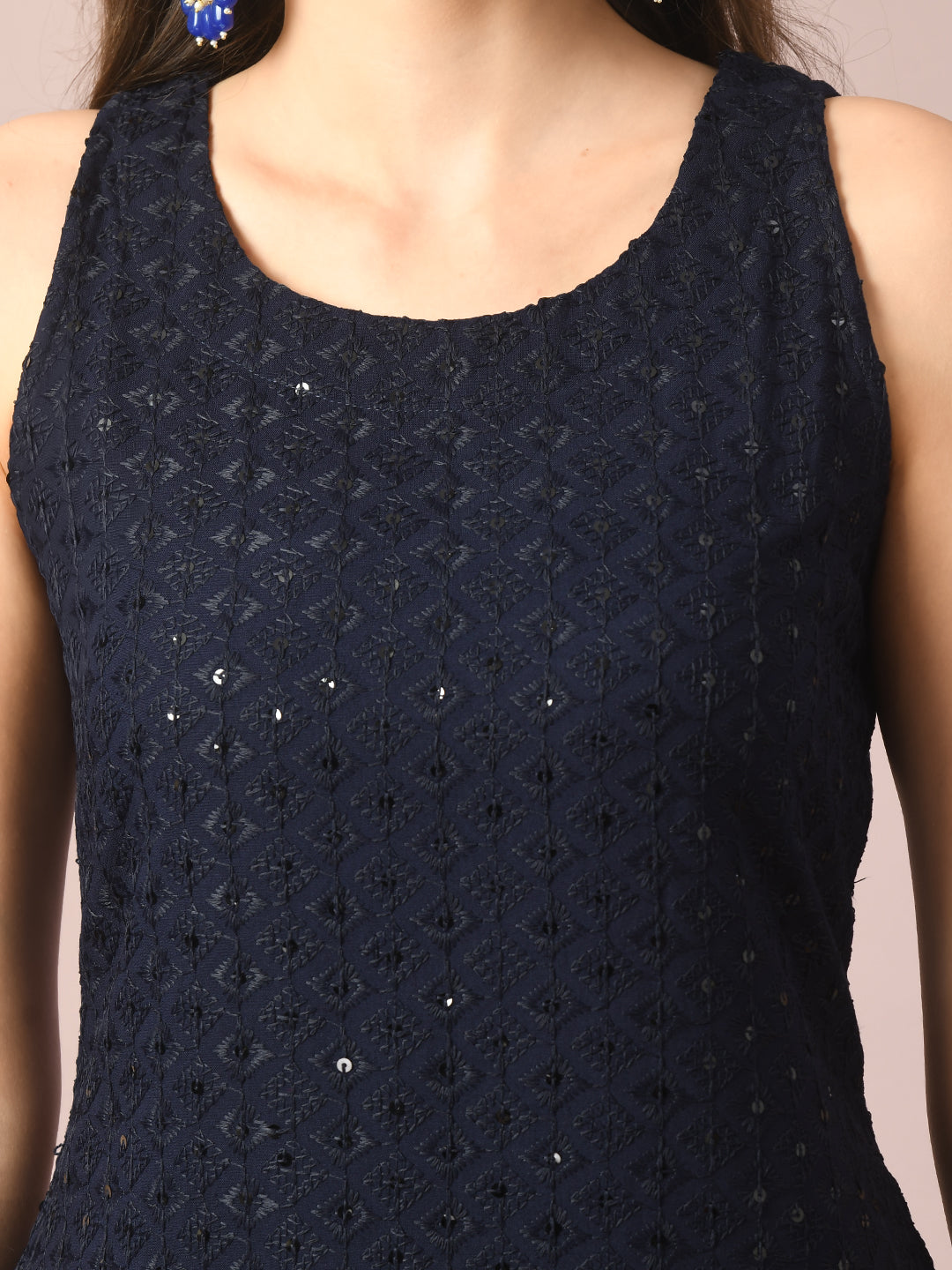Women's  Navy Blue Embroidered Cotton Straight Party Kurta Sets