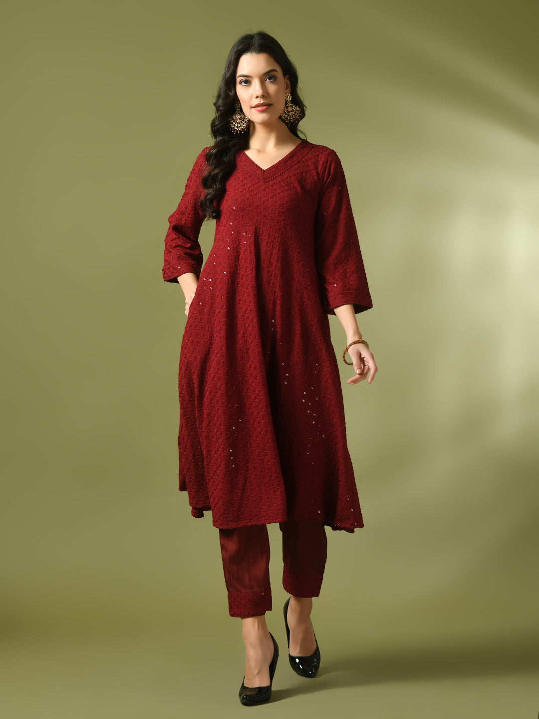 Women's  Maroon Embroidered Cotton A-Line Party Kurta Sets