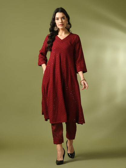 Women's  Maroon Embroidered Cotton A-Line Party Kurta Sets