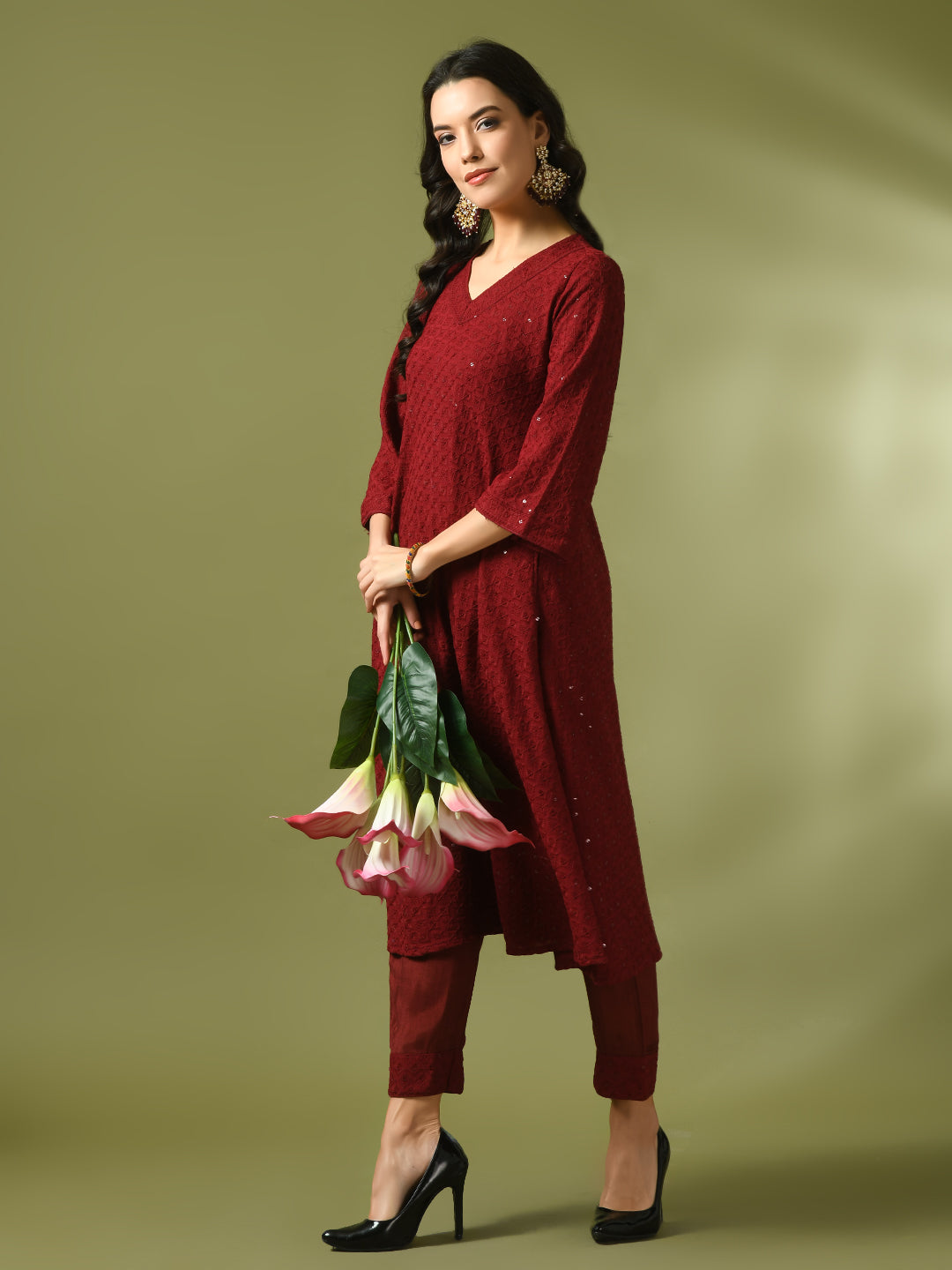 Women's  Maroon Embroidered Cotton A-Line Party Kurta Sets