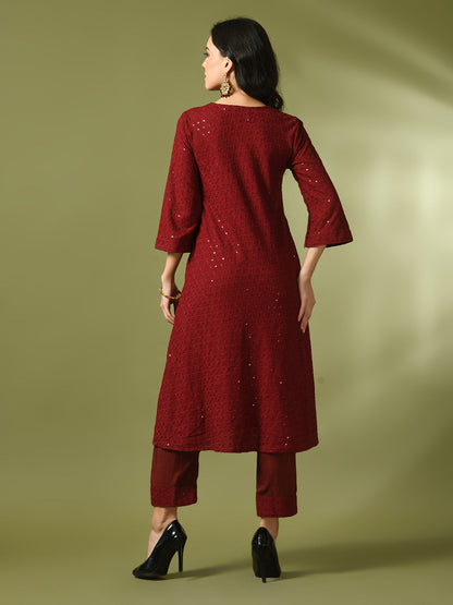 Women's  Maroon Embroidered Cotton A-Line Party Kurta Sets