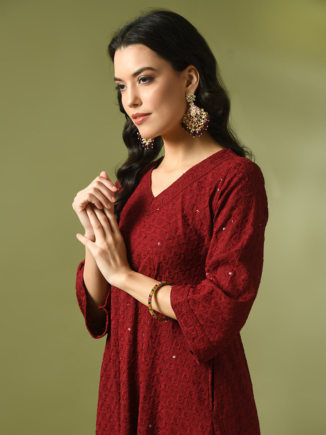 Women's  Maroon Embroidered Cotton A-Line Party Kurta Sets