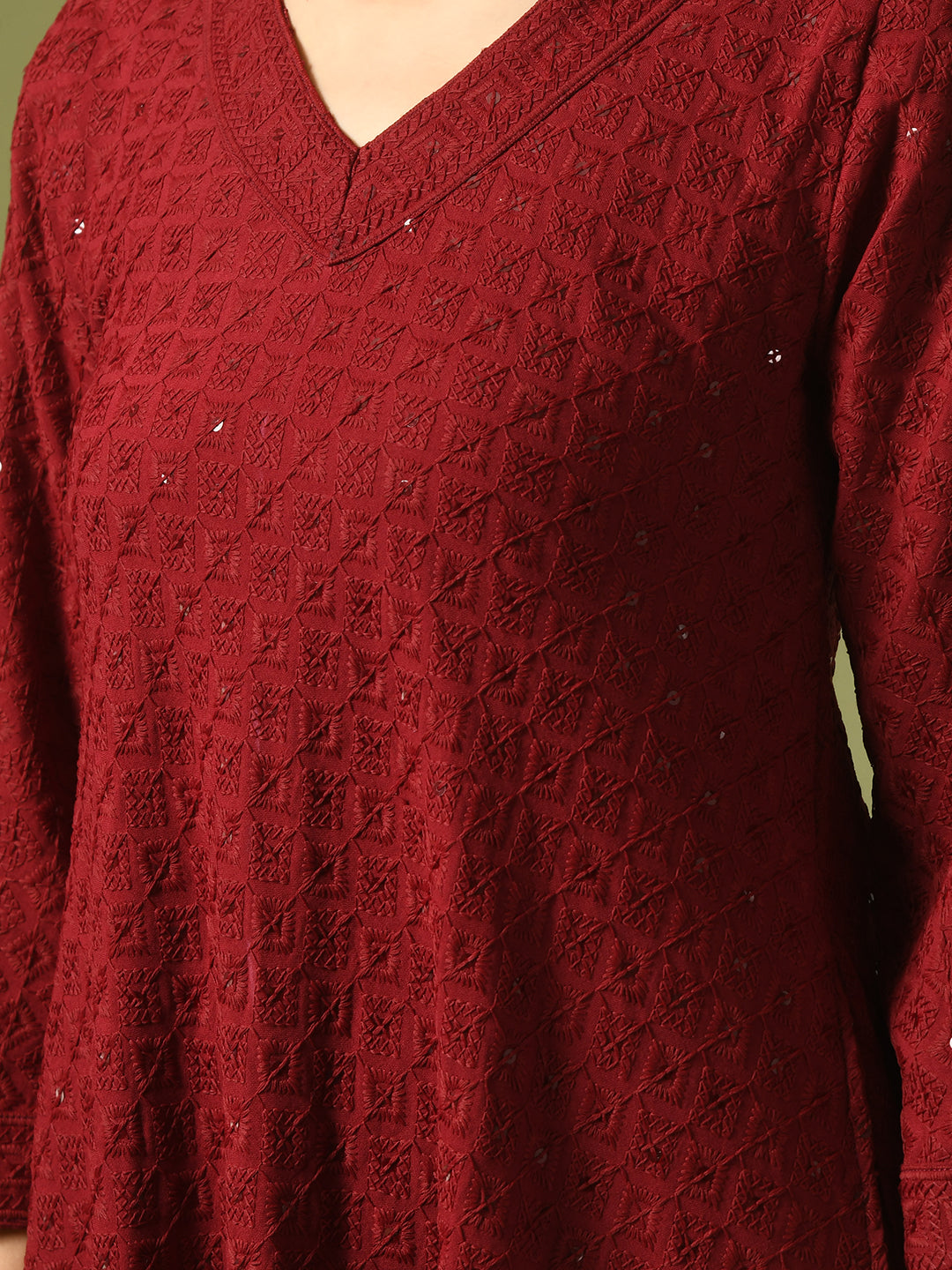 Women's  Maroon Embroidered Cotton A-Line Party Kurta Sets