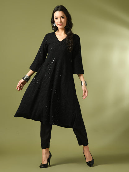 Women's  Black Embroidered Cotton A-Line Party Kurta Sets