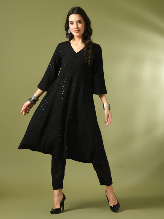 Women's  Black Embroidered Cotton A-Line Party Kurta Sets