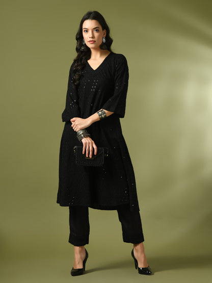 Women's  Black Embroidered Cotton A-Line Party Kurta Sets