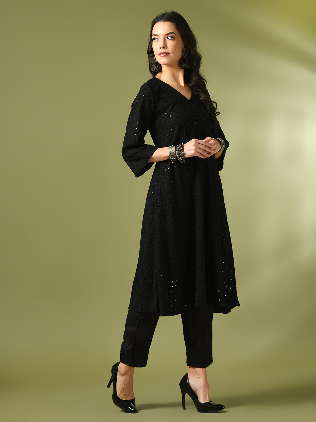 Women's  Black Embroidered Cotton A-Line Party Kurta Sets