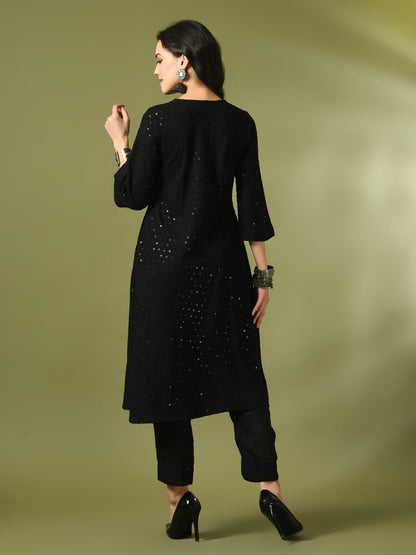 Women's  Black Embroidered Cotton A-Line Party Kurta Sets