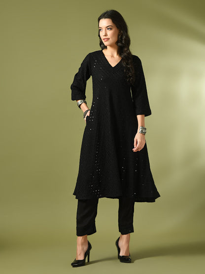 Women's  Black Embroidered Cotton A-Line Party Kurta Sets
