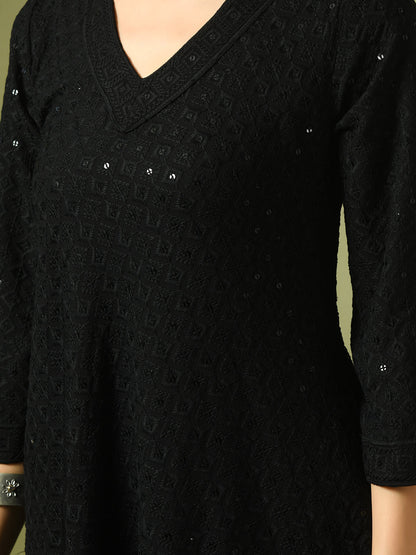 Women's  Black Embroidered Cotton A-Line Party Kurta Sets