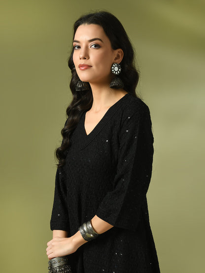 Women's  Black Embroidered Cotton A-Line Party Kurta Sets
