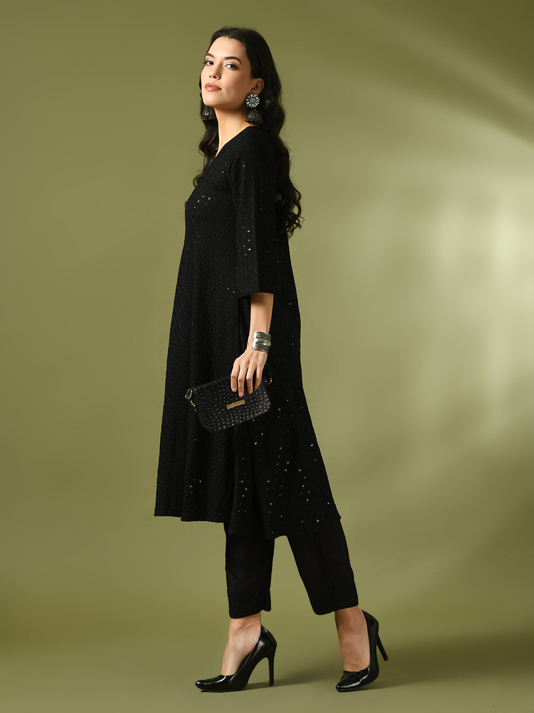 Women's  Black Embroidered Cotton A-Line Party Kurta Sets