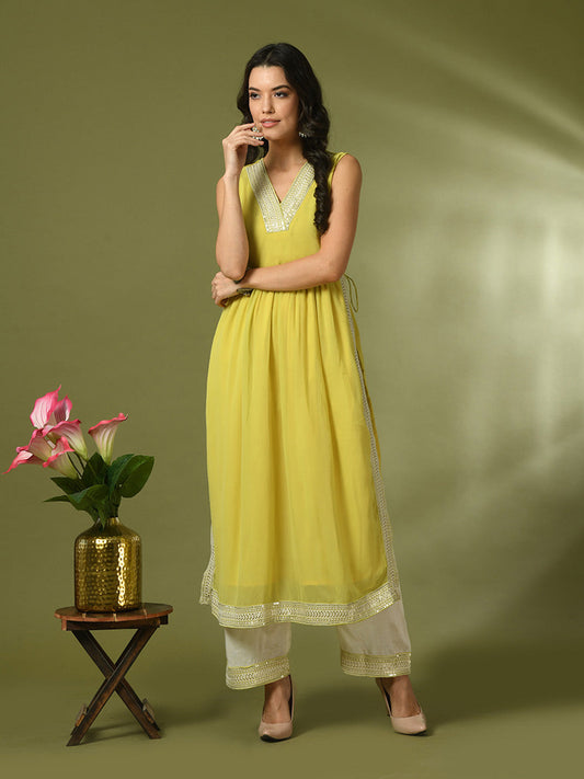Women's  Yellow Solid Georgette Anarkali Party Kurta Sets