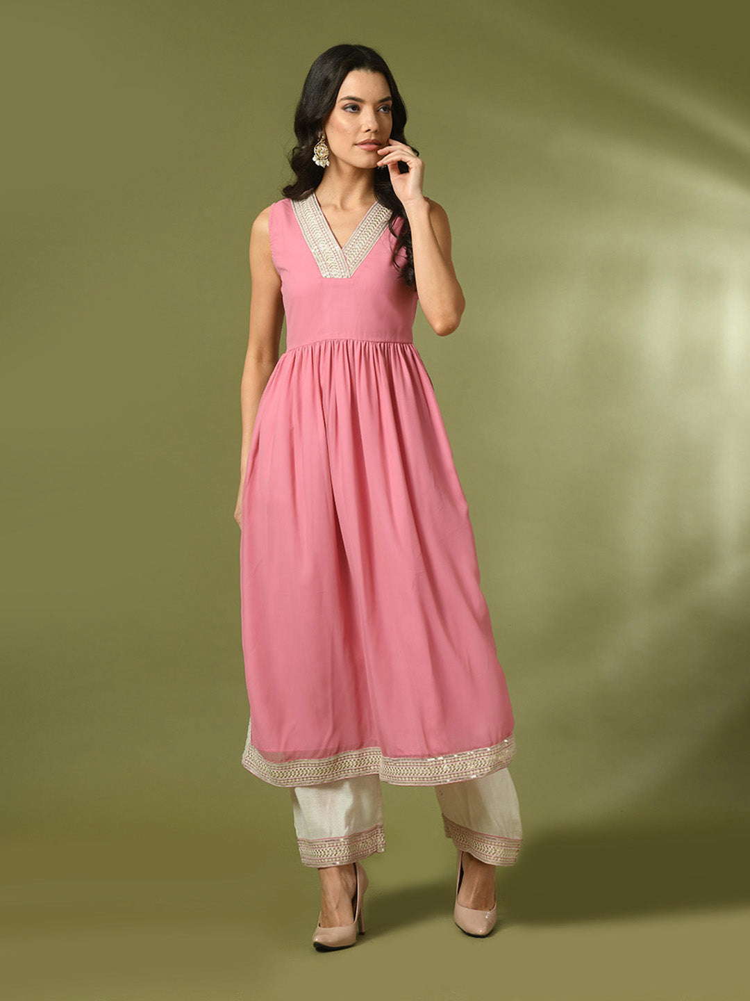 Women's  Pink Solid Georgette Anarkali Party Kurta Sets
