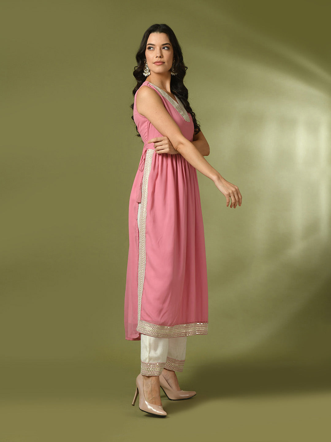 Women's  Pink Solid Georgette Anarkali Party Kurta Sets