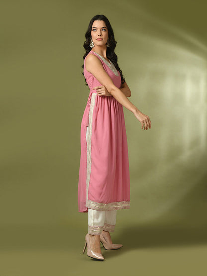 Women's  Pink Solid Georgette Anarkali Party Kurta Sets
