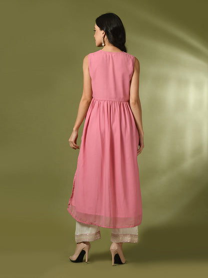 Women's  Pink Solid Georgette Anarkali Party Kurta Sets