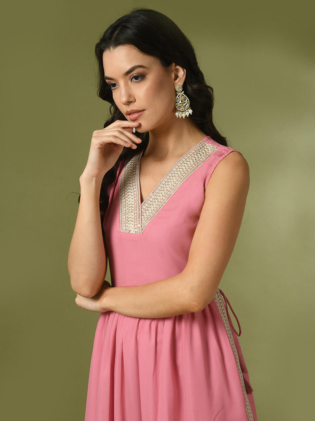 Women's  Pink Solid Georgette Anarkali Party Kurta Sets