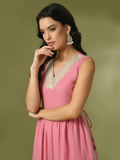 Women's  Pink Solid Georgette Anarkali Party Kurta Sets