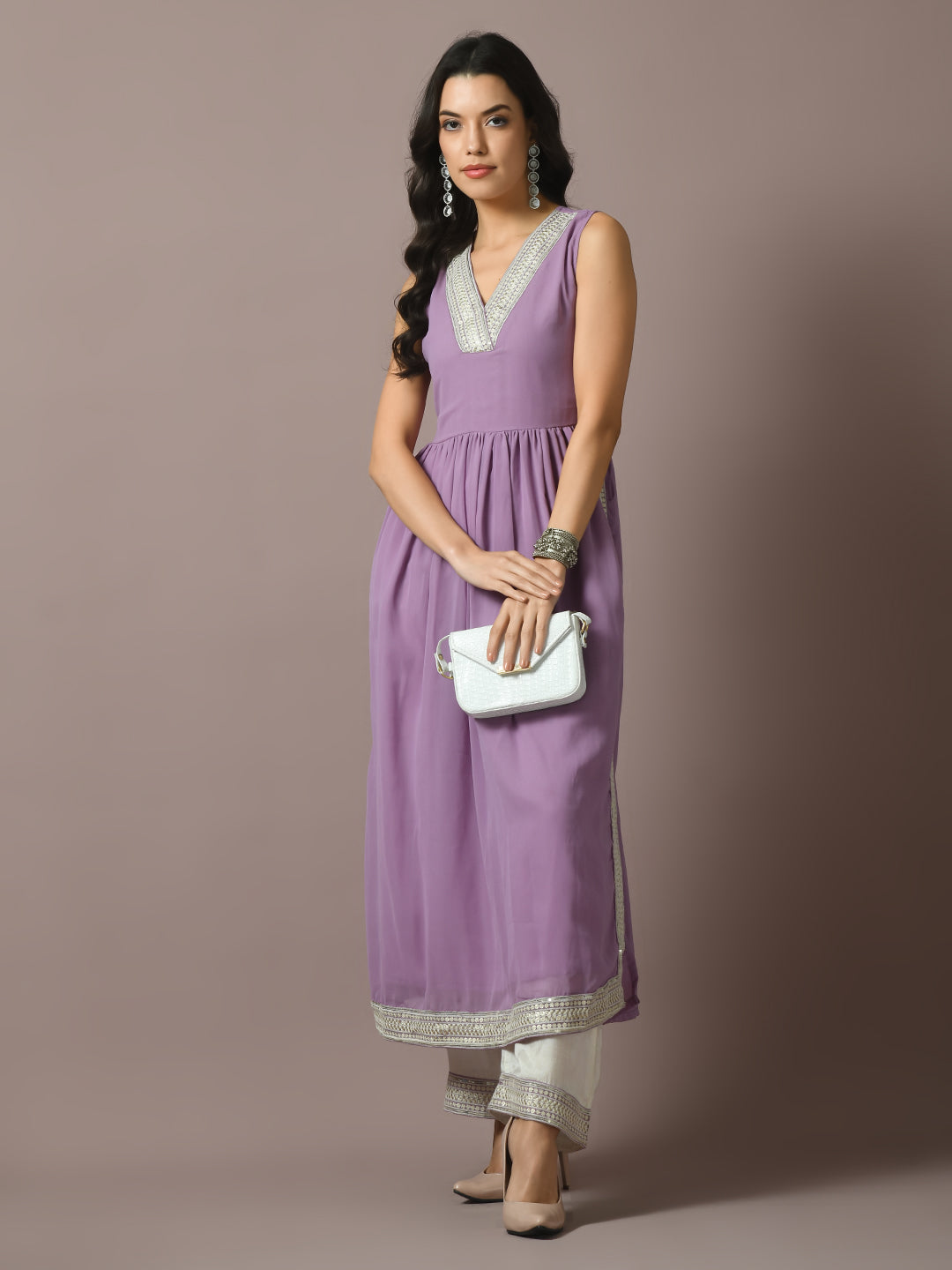 Women's  Lavender Solid Georgette Anarkali Party Kurta Sets