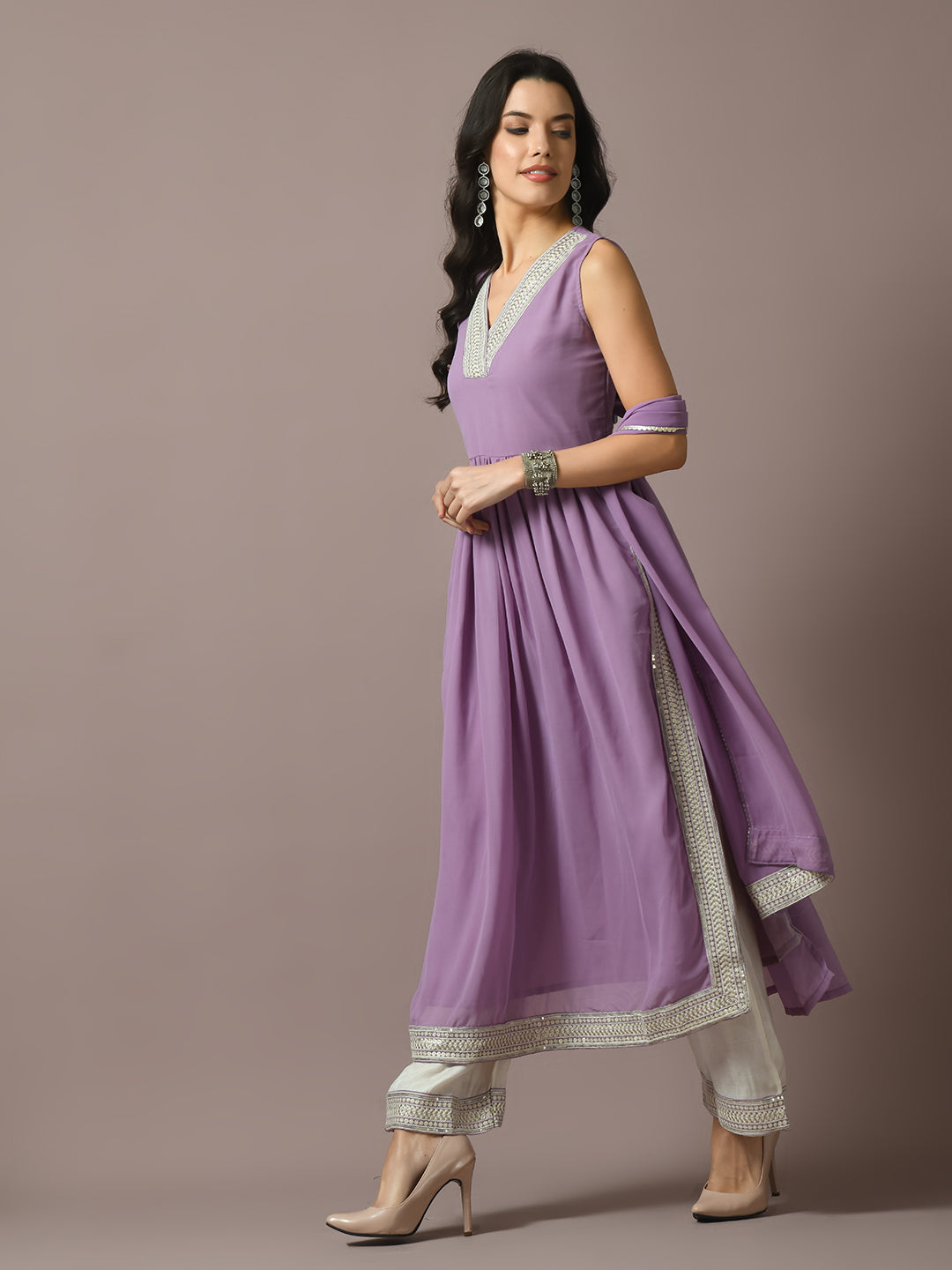 Women's  Lavender Solid Georgette Anarkali Party Kurta Sets
