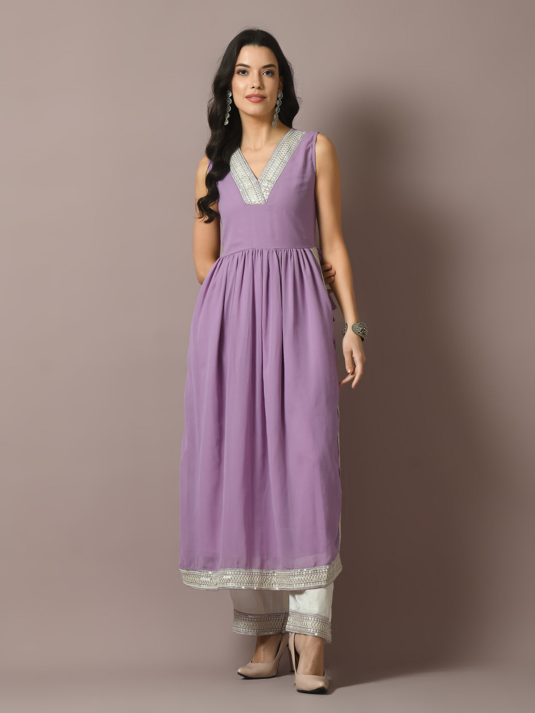 Women's  Lavender Solid Georgette Anarkali Party Kurta Sets