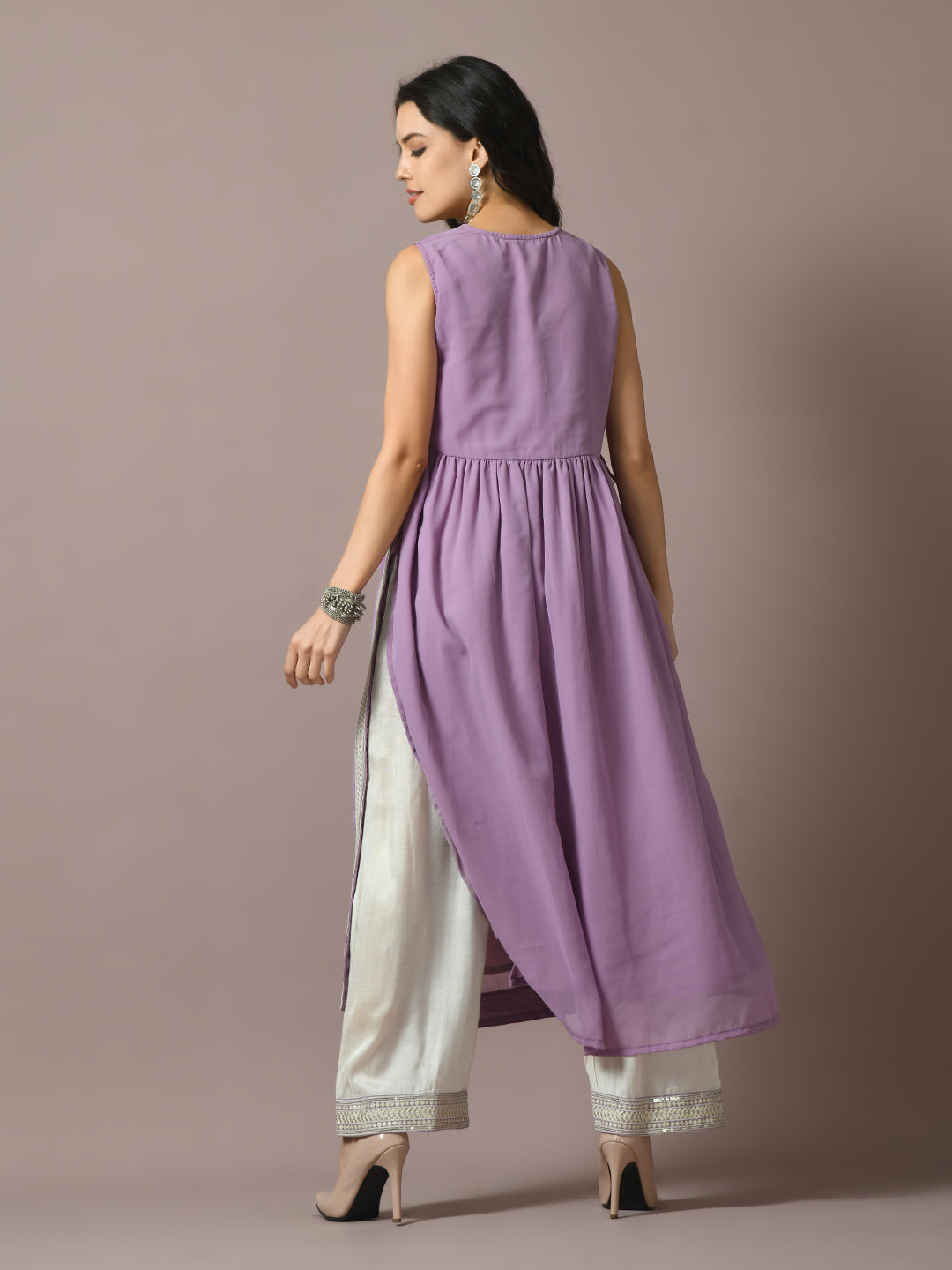 Women's  Lavender Solid Georgette Anarkali Party Kurta Sets