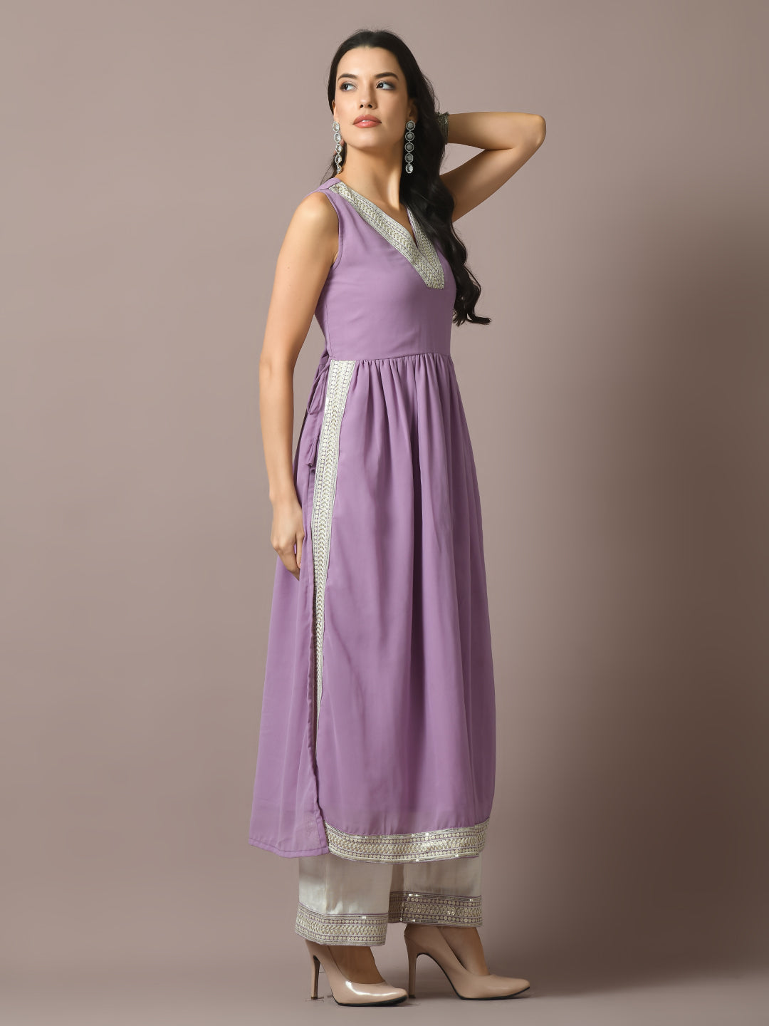 Women's  Lavender Solid Georgette Anarkali Party Kurta Sets