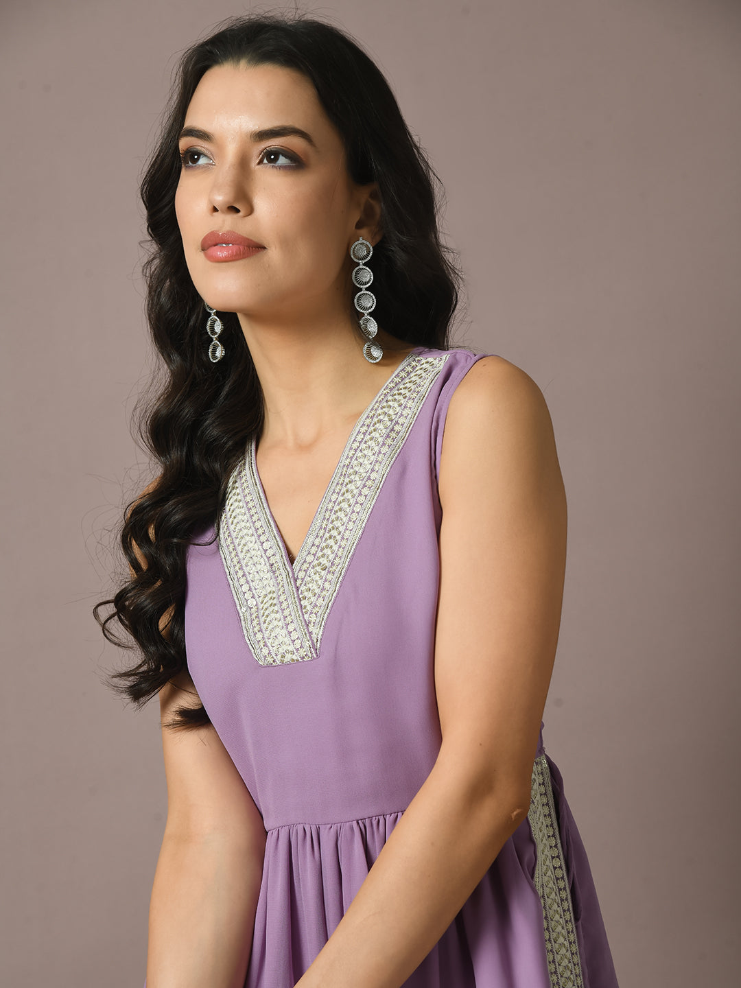 Women's  Lavender Solid Georgette Anarkali Party Kurta Sets