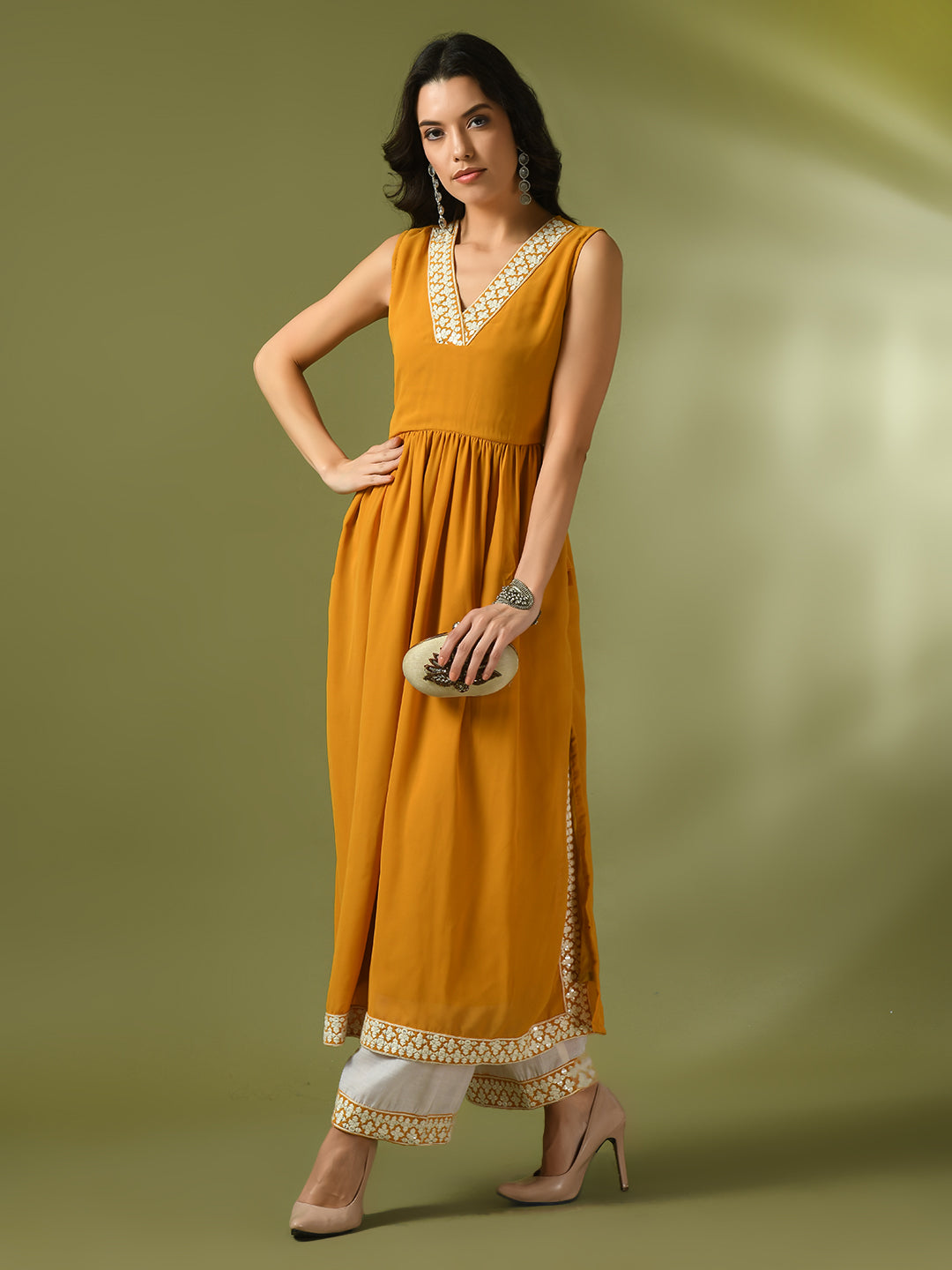 Women's  Yellow Solid Georgette Anarkali Party Kurta Sets
