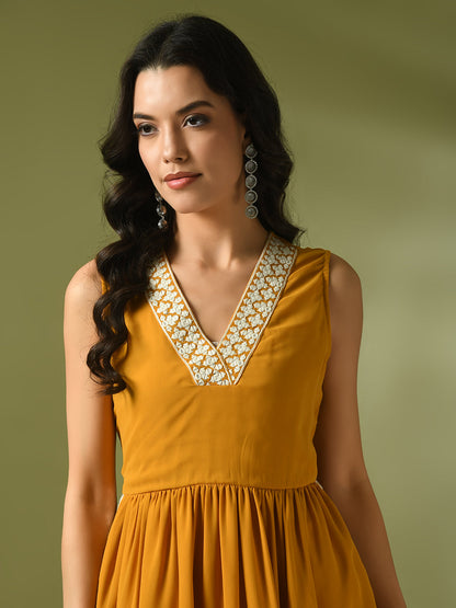 Women's  Yellow Solid Georgette Anarkali Party Kurta Sets