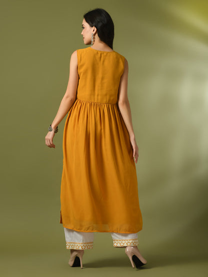 Women's  Yellow Solid Georgette Anarkali Party Kurta Sets