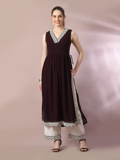 Women's  Coffee Brown Solid Georgette Anarkali Party Kurta Sets