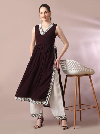 Women's  Coffee Brown Solid Georgette Anarkali Party Kurta Sets