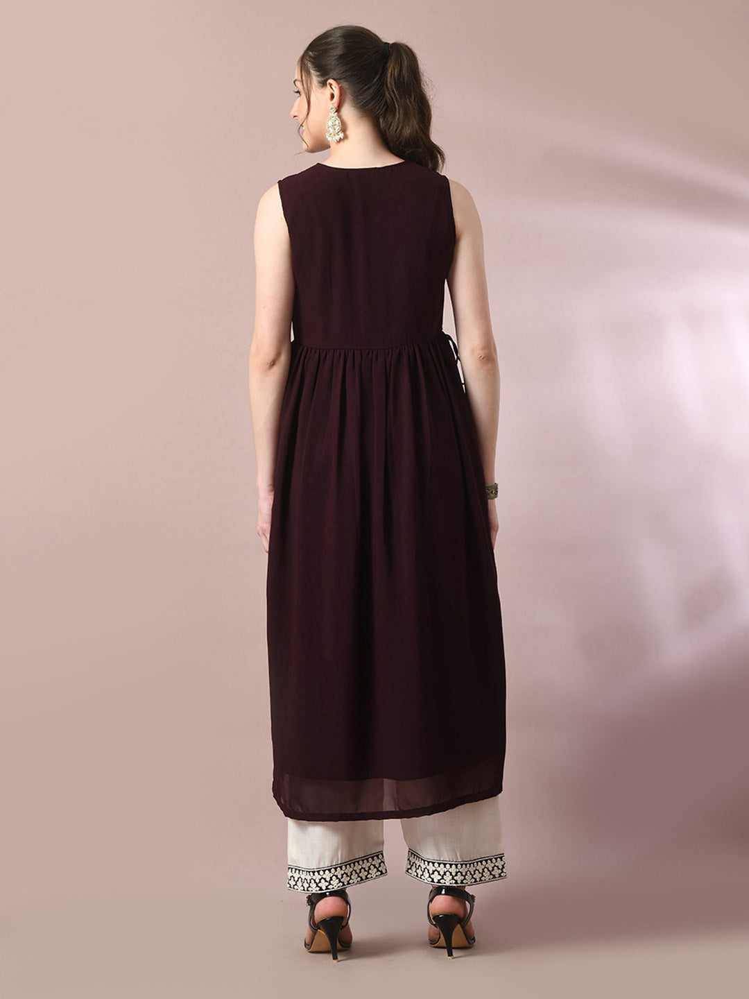 Women's  Coffee Brown Solid Georgette Anarkali Party Kurta Sets