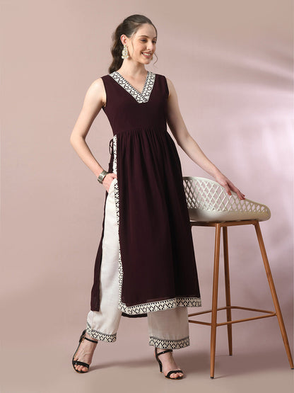 Women's  Coffee Brown Solid Georgette Anarkali Party Kurta Sets