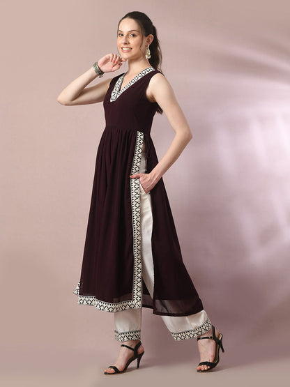 Women's  Coffee Brown Solid Georgette Anarkali Party Kurta Sets