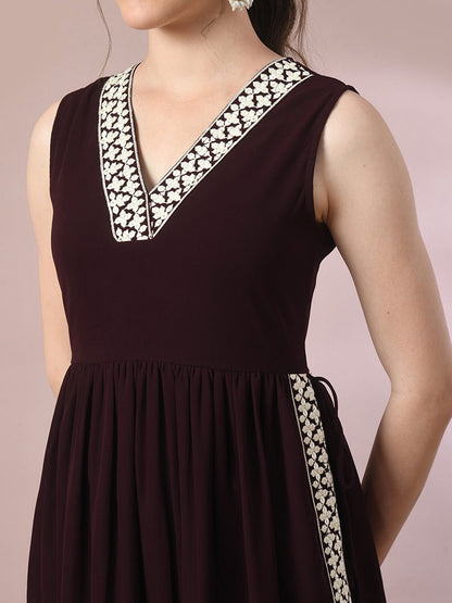 Women's  Coffee Brown Solid Georgette Anarkali Party Kurta Sets